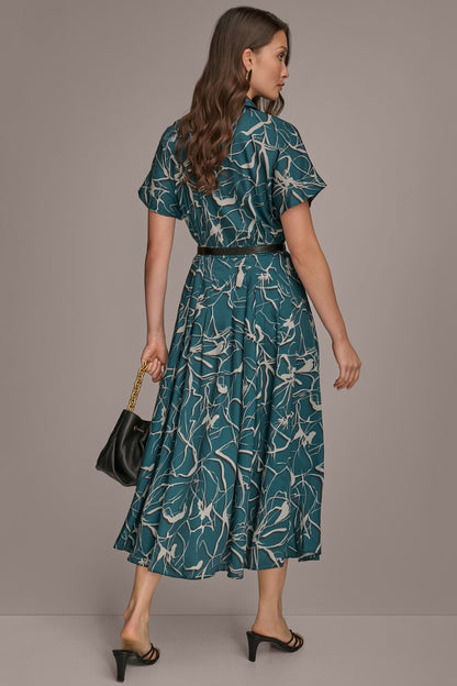SHORT SLEEVE FLORAL MIDI SHIRT DRESS