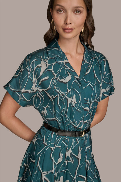 SHORT SLEEVE FLORAL MIDI SHIRT DRESS