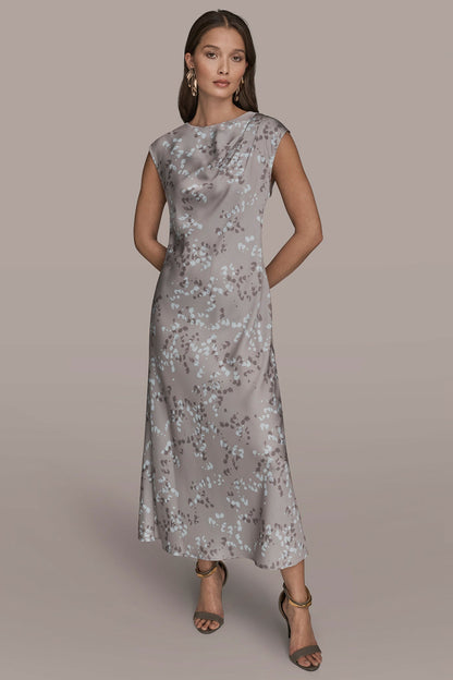 CAP SLEEVE V-NECK PRINTED MIDI DRESS