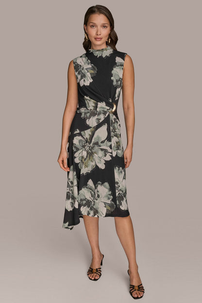 SLEEVELESS FLORAL TWIST ASYMMETRIC DRESS