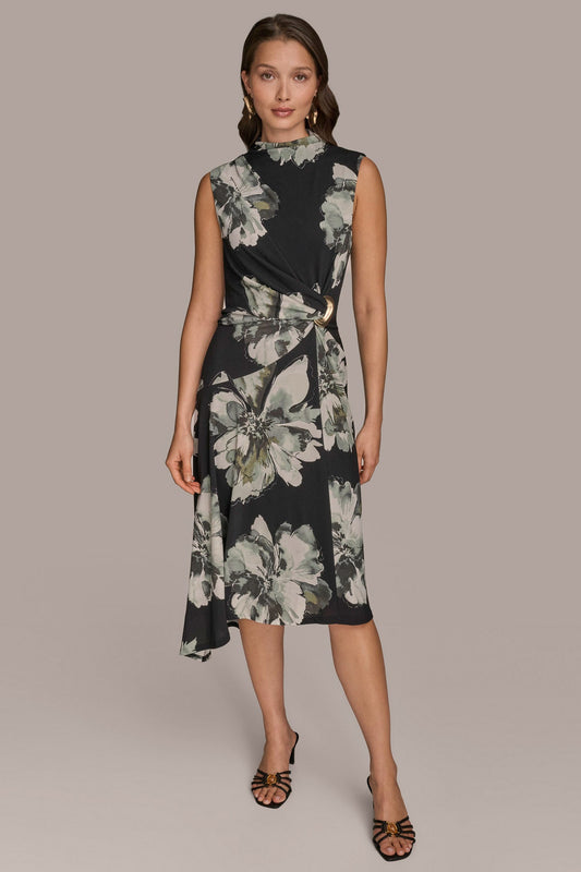 SLEEVELESS FLORAL TWIST ASYMMETRIC DRESS