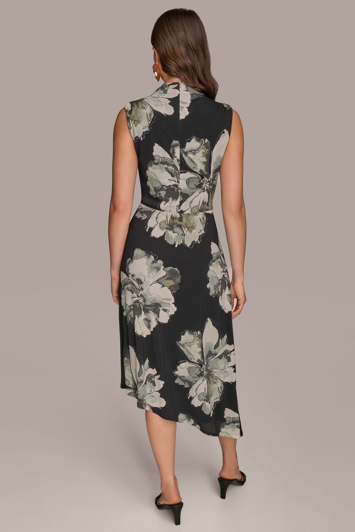 SLEEVELESS FLORAL TWIST ASYMMETRIC DRESS