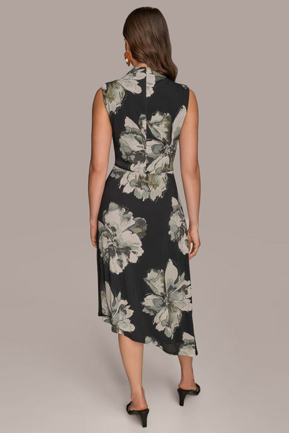 SLEEVELESS FLORAL TWIST ASYMMETRIC DRESS