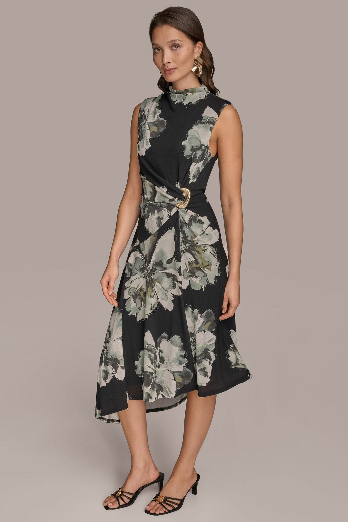 SLEEVELESS FLORAL TWIST ASYMMETRIC DRESS