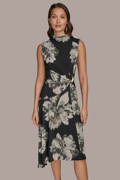 SLEEVELESS FLORAL TWIST ASYMMETRIC DRESS