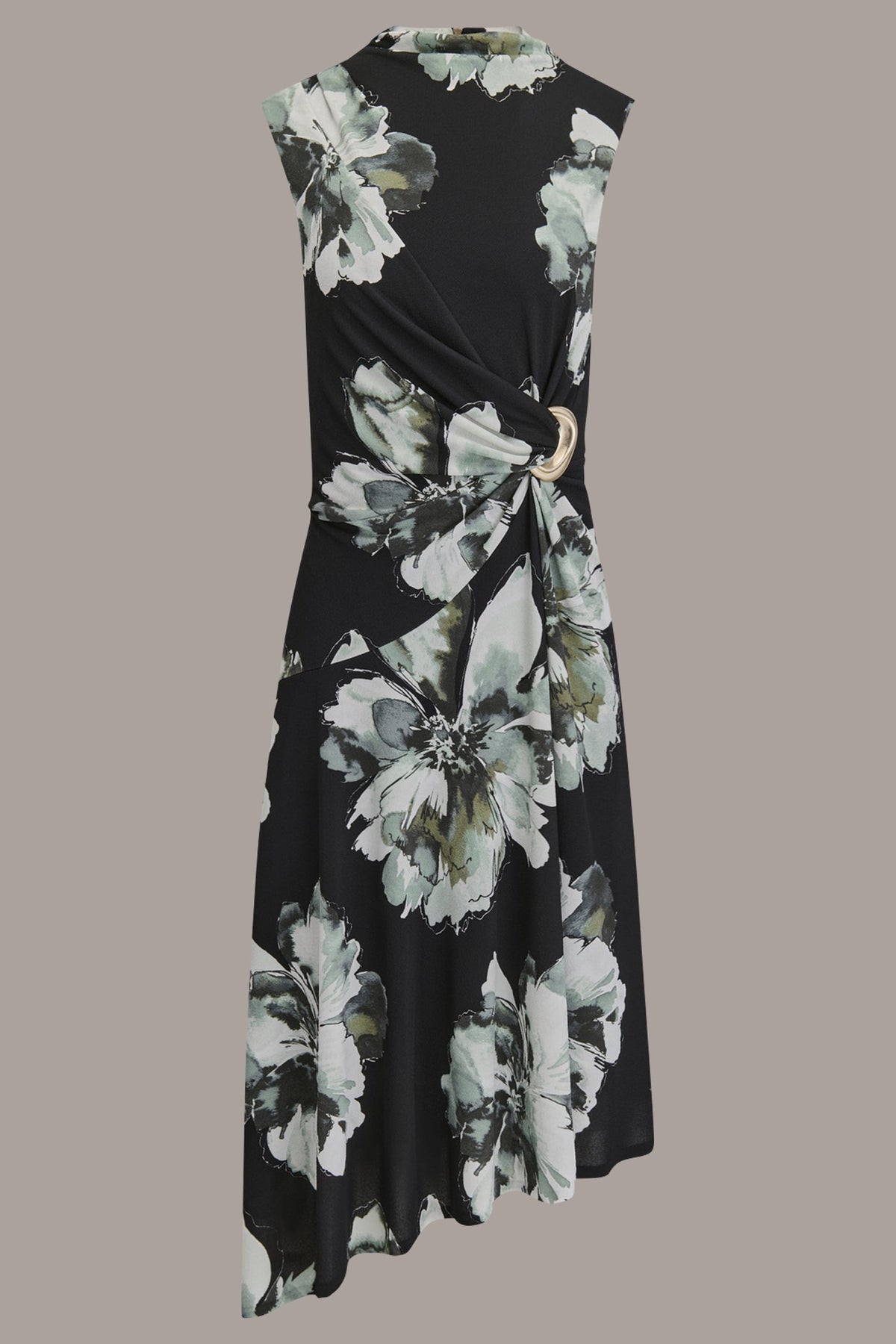 SLEEVELESS FLORAL TWIST ASYMMETRIC DRESS