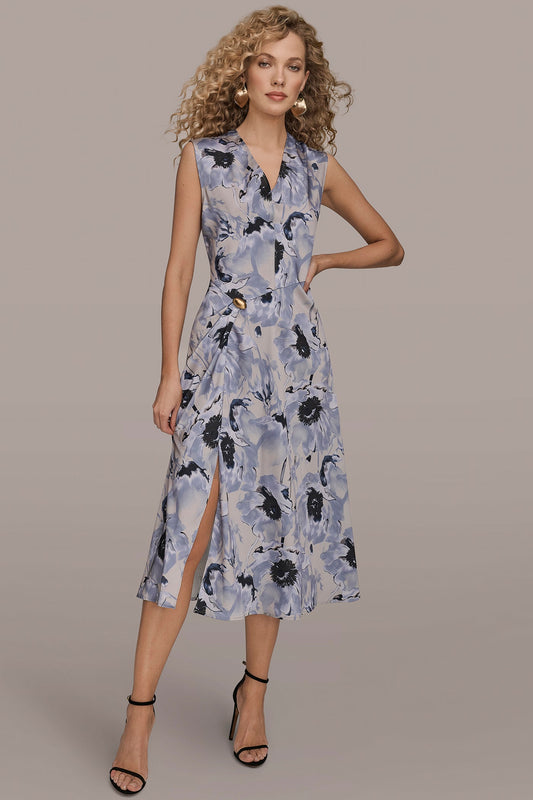 CAP SLEEVE V-NECK PRINTED MIDI DRESS
