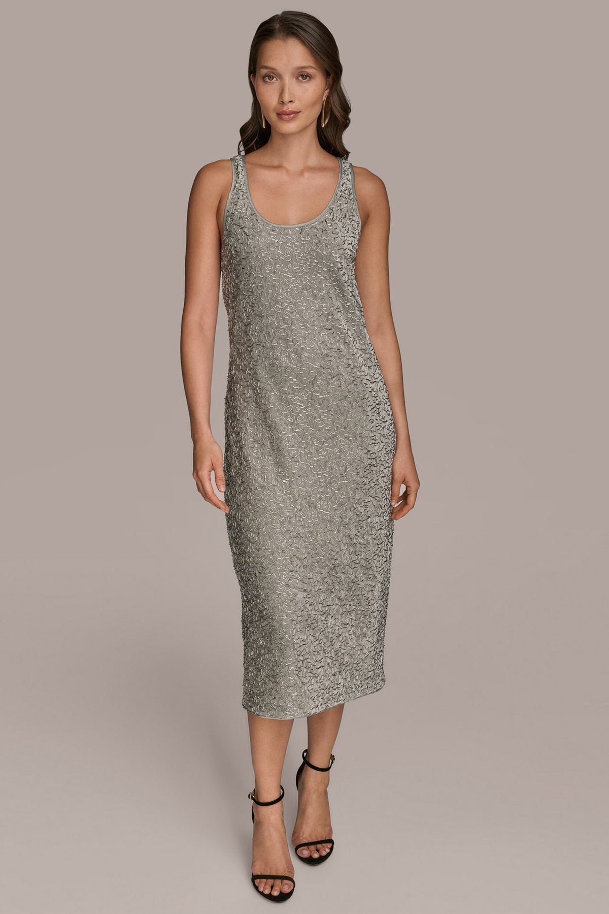 SLEEVELESS BEADED VELVET MIDI DRESS