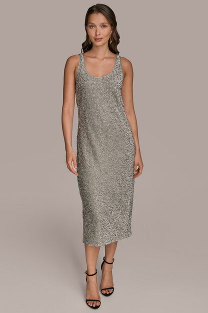 SLEEVELESS BEADED VELVET MIDI DRESS