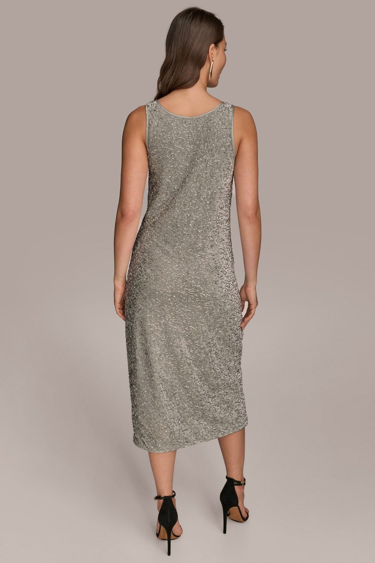 SLEEVELESS BEADED VELVET MIDI DRESS