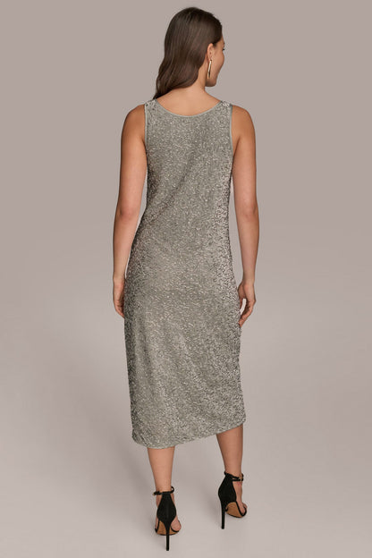 SLEEVELESS BEADED VELVET MIDI DRESS