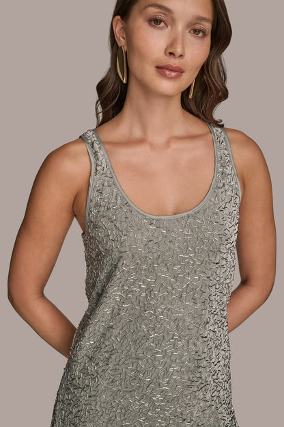 SLEEVELESS BEADED VELVET MIDI DRESS