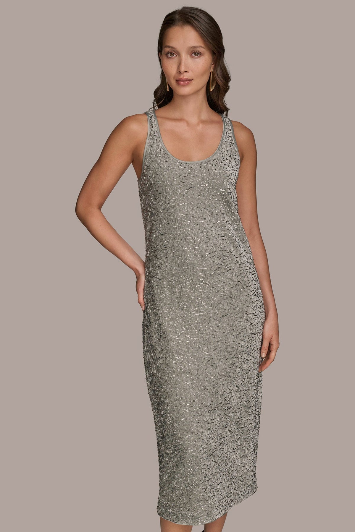 SLEEVELESS BEADED VELVET MIDI DRESS