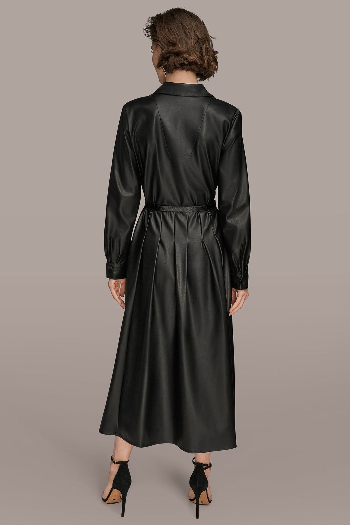 LONG SLEEVE FAUX LEATHER MIDI SHIRT DRESS