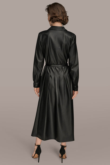 LONG SLEEVE FAUX LEATHER MIDI SHIRT DRESS