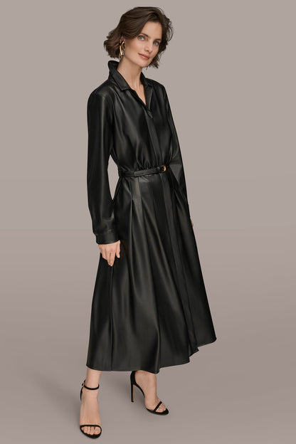 LONG SLEEVE FAUX LEATHER MIDI SHIRT DRESS