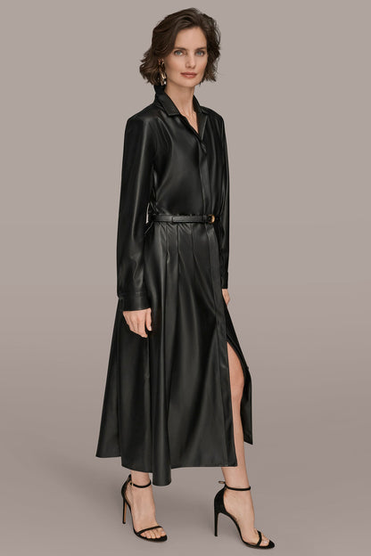 LONG SLEEVE FAUX LEATHER MIDI SHIRT DRESS