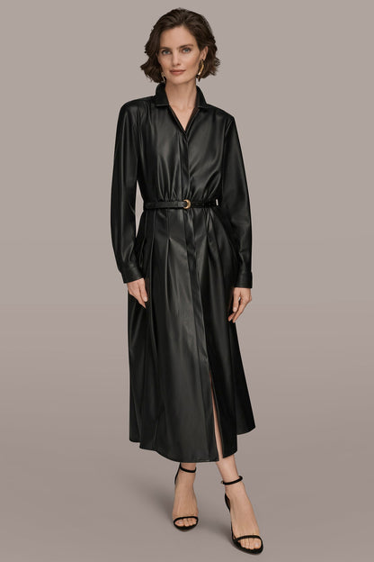 LONG SLEEVE FAUX LEATHER MIDI SHIRT DRESS