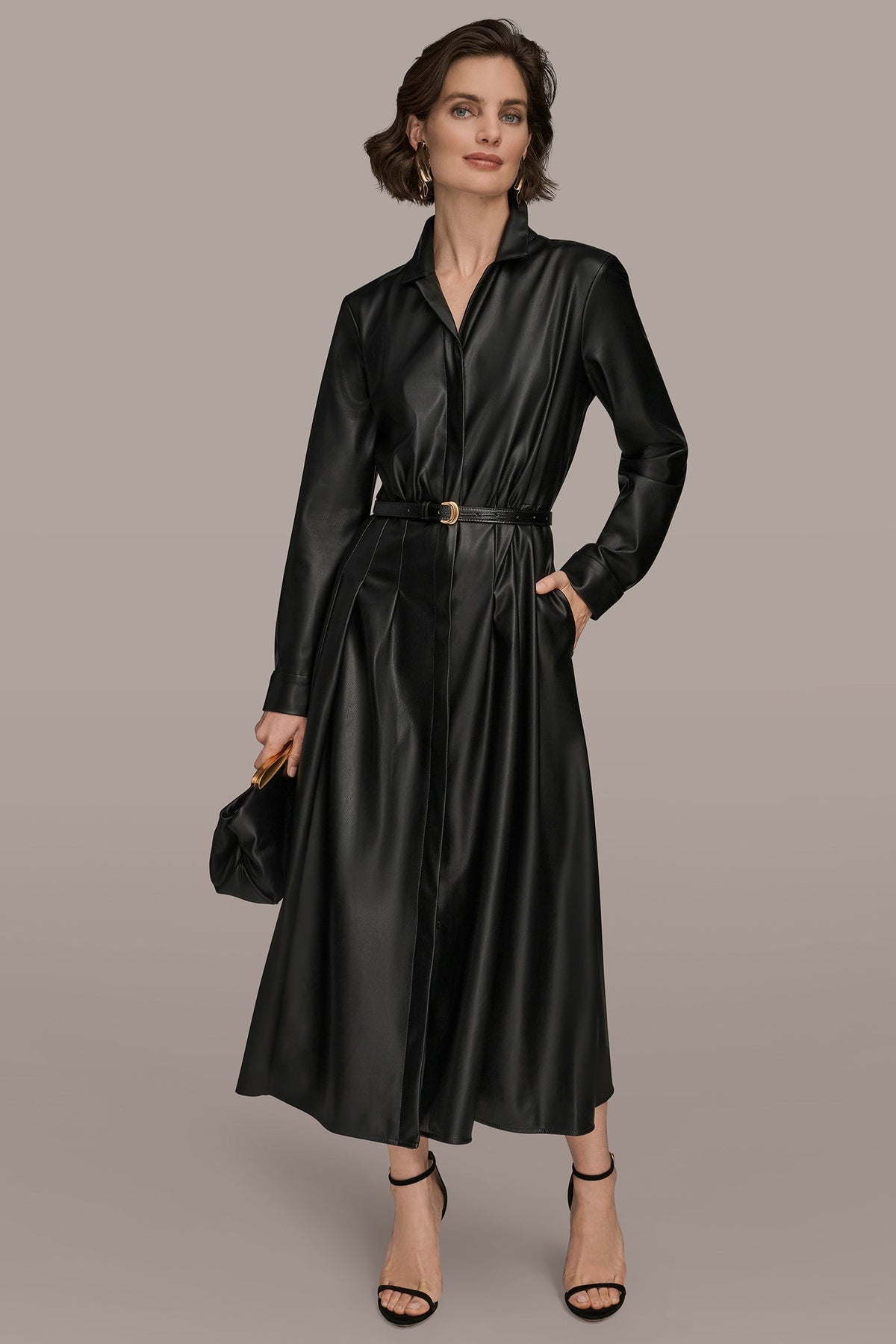 LONG SLEEVE FAUX LEATHER MIDI SHIRT DRESS