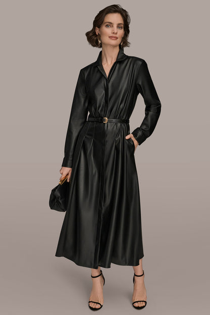 LONG SLEEVE FAUX LEATHER MIDI SHIRT DRESS