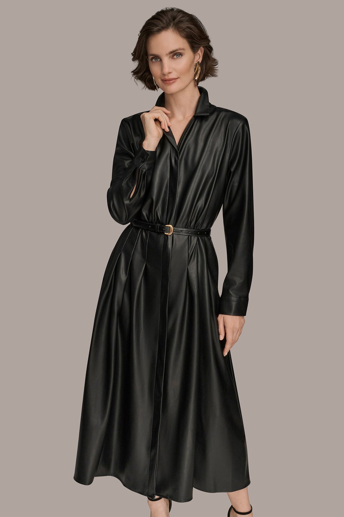 LONG SLEEVE FAUX LEATHER MIDI SHIRT DRESS