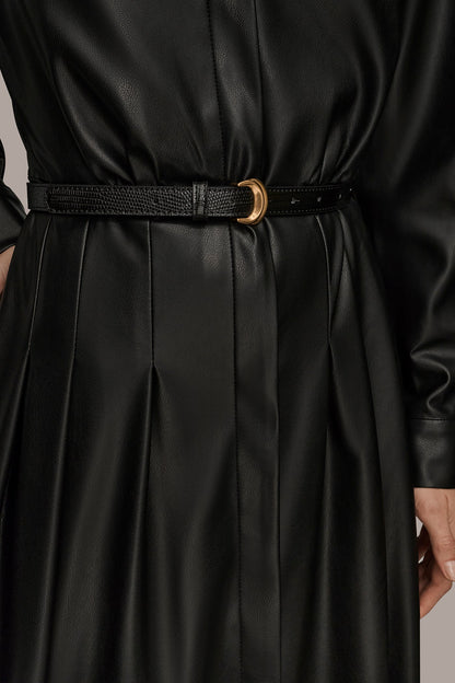 LONG SLEEVE FAUX LEATHER MIDI SHIRT DRESS