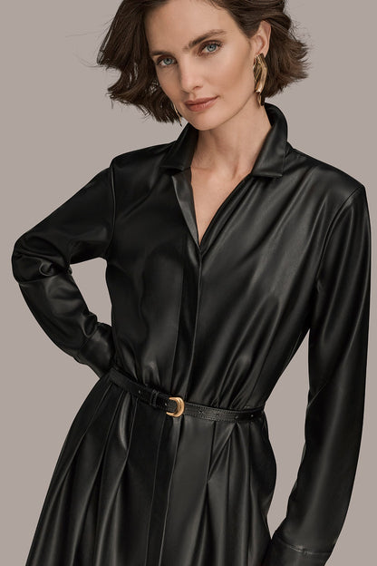 LONG SLEEVE FAUX LEATHER MIDI SHIRT DRESS