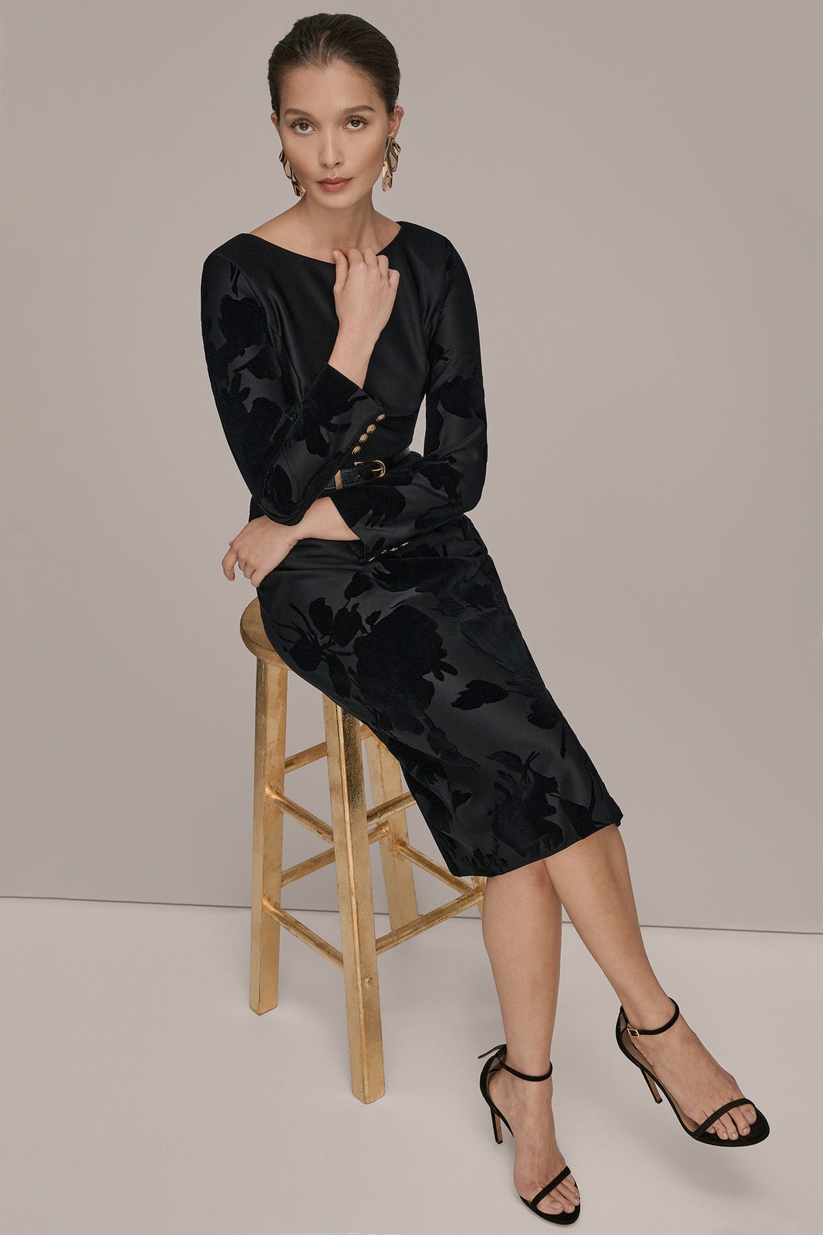 3/4 SLEEVE BOATNECK MIDI SHEATH DRESS