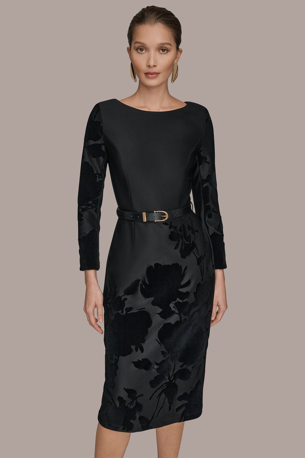3/4 SLEEVE BOATNECK MIDI SHEATH DRESS
