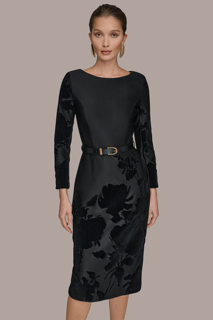 3/4 SLEEVE BOATNECK MIDI SHEATH DRESS