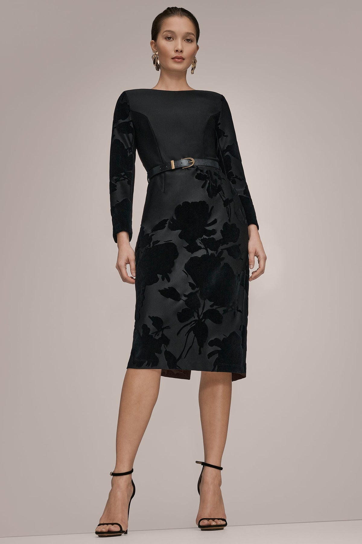 3/4 SLEEVE BOATNECK MIDI SHEATH DRESS