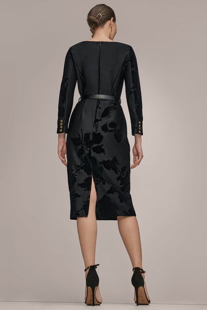 3/4 SLEEVE BOATNECK MIDI SHEATH DRESS
