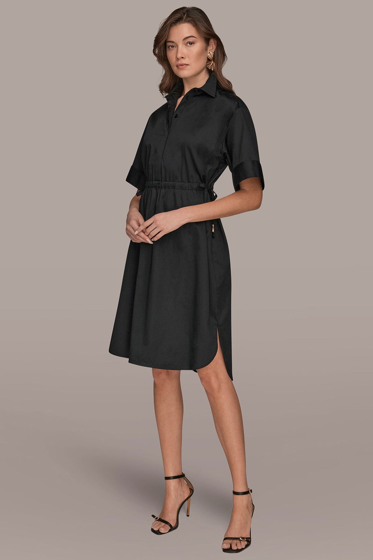COTTON-SATEEN DRAWSTRING SHIRT DRESS