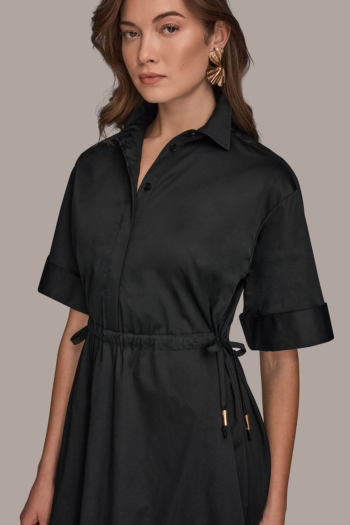 COTTON-SATEEN DRAWSTRING SHIRT DRESS