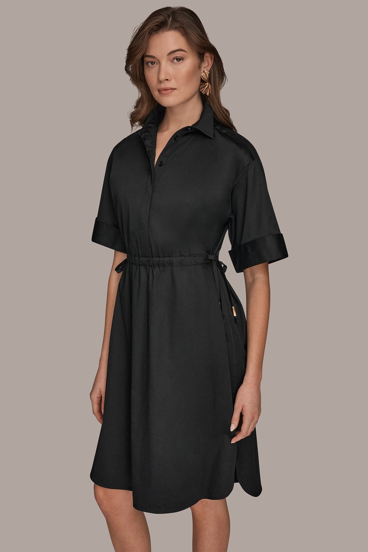 COTTON-SATEEN DRAWSTRING SHIRT DRESS