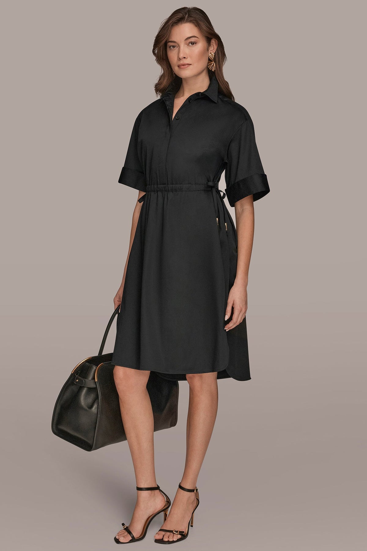 COTTON-SATEEN DRAWSTRING SHIRT DRESS