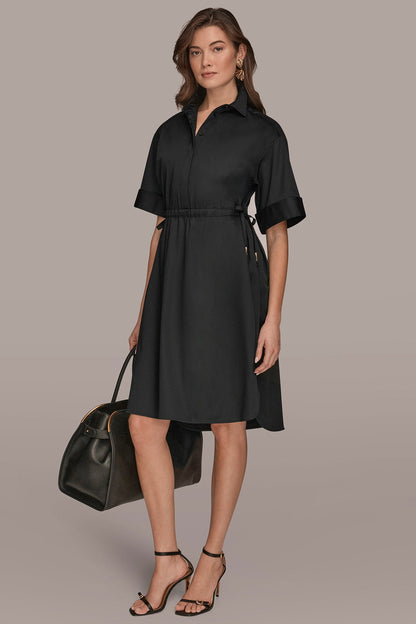 COTTON-SATEEN DRAWSTRING SHIRT DRESS
