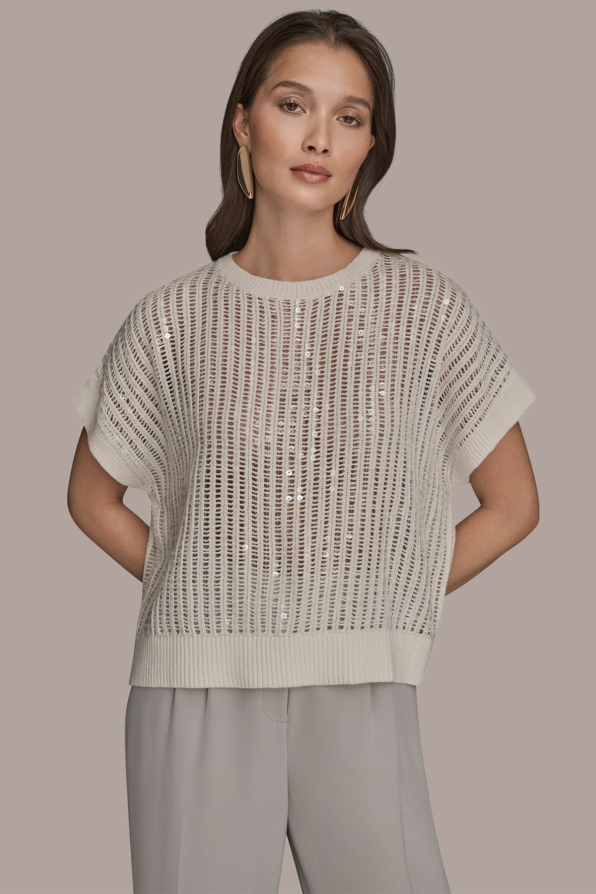 COTTON-BLEND SEQUIN OPEN-KNIT SWEATER