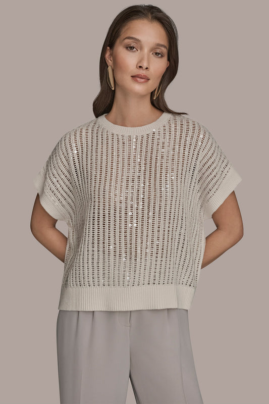 COTTON-BLEND SEQUIN OPEN-KNIT SWEATER