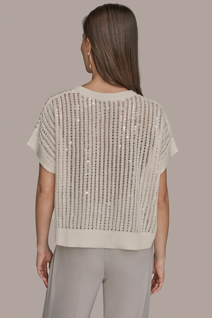 COTTON-BLEND SEQUIN OPEN-KNIT SWEATER