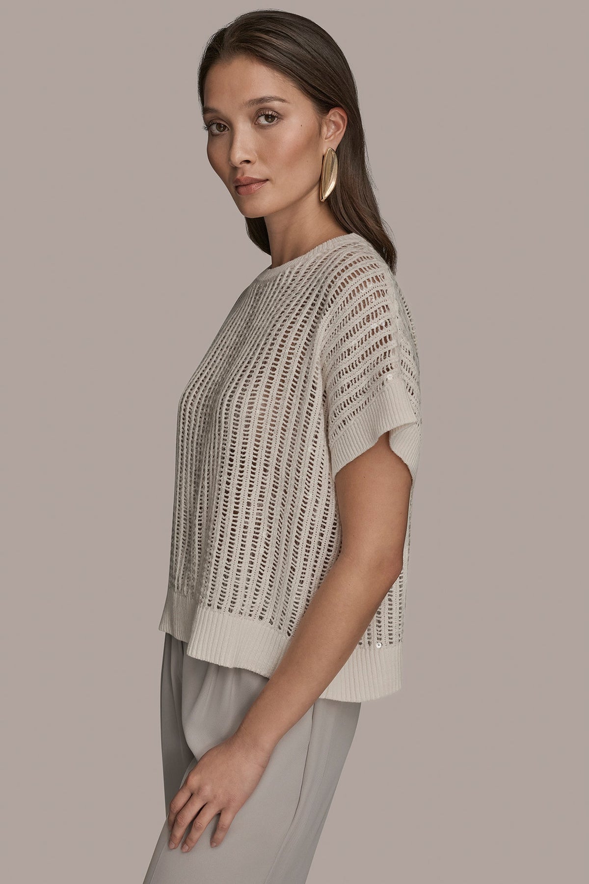 COTTON-BLEND SEQUIN OPEN-KNIT SWEATER