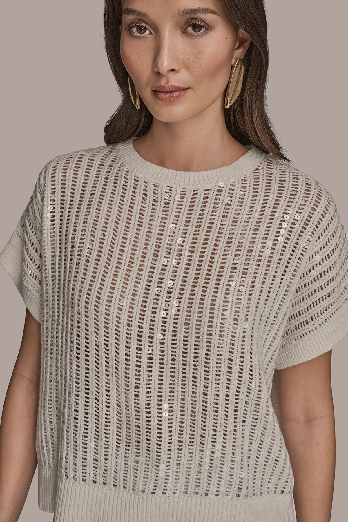 COTTON-BLEND SEQUIN OPEN-KNIT SWEATER