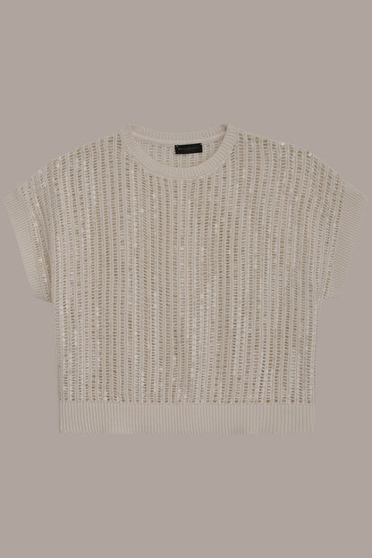 COTTON-BLEND SEQUIN OPEN-KNIT SWEATER
