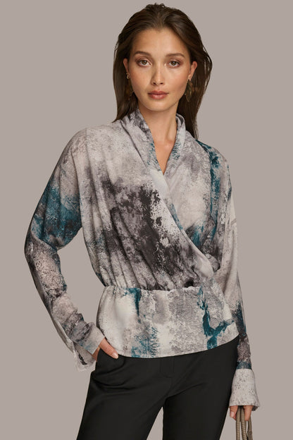 PRINTED FAUX WRAP BLOUSE