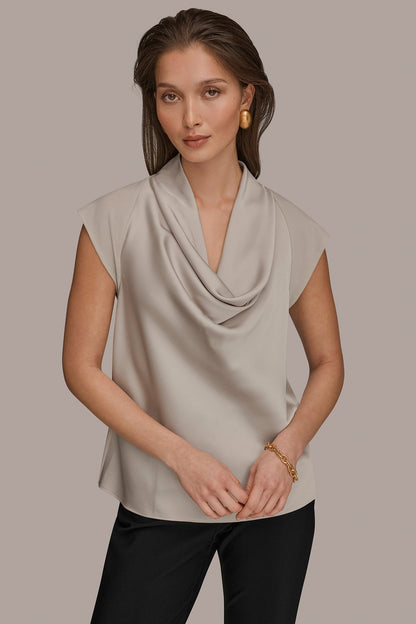 MIXED MEDIA COWL-NECK TOP