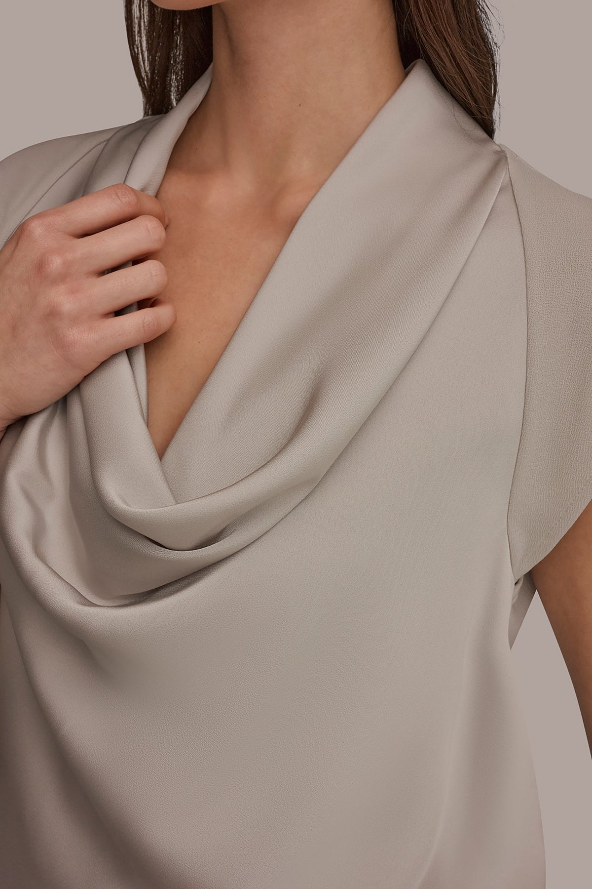 MIXED MEDIA COWL-NECK TOP
