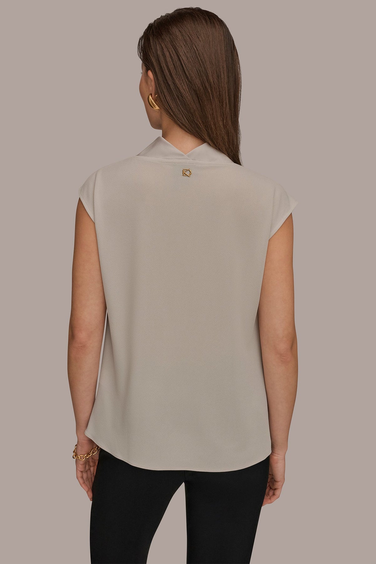 MIXED MEDIA COWL-NECK TOP
