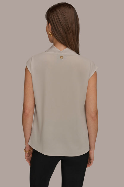 MIXED MEDIA COWL-NECK TOP