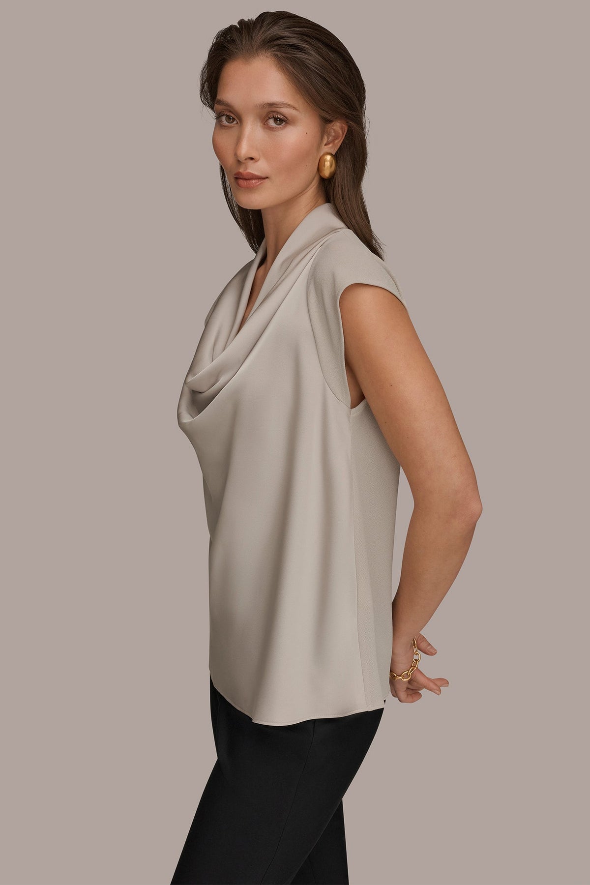 MIXED MEDIA COWL-NECK TOP