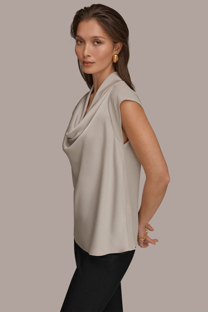MIXED MEDIA COWL-NECK TOP